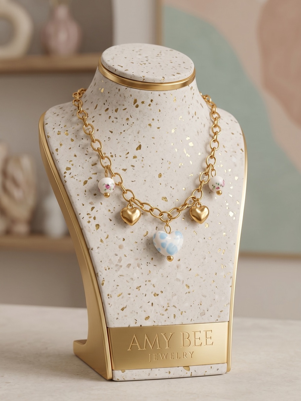 18k Gold Plated Link Multi Charm Necklace. New.